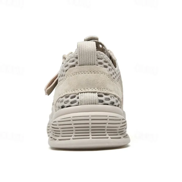 Men's Beige Mesh Sneakers with Lace-up & Velcro Strap, Breathable Casual Sports Shoes for Summer