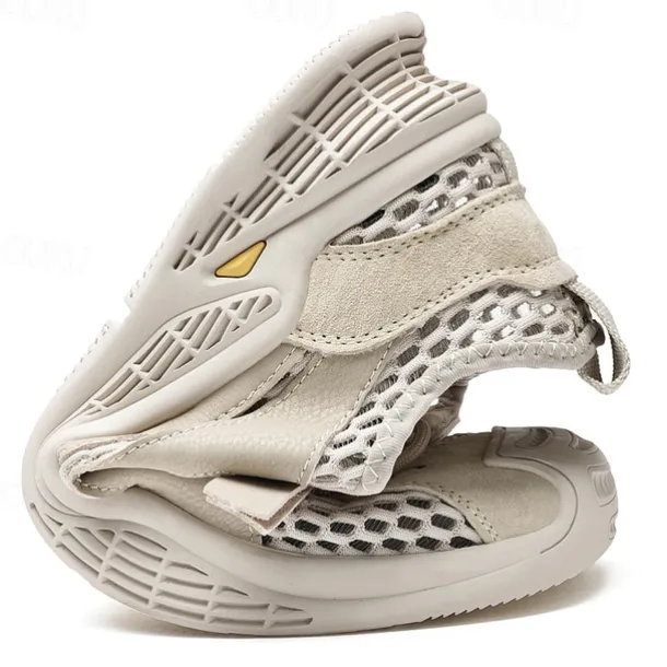 Men's Beige Mesh Sneakers with Lace-up & Velcro Strap, Breathable Casual Sports Shoes for Summer