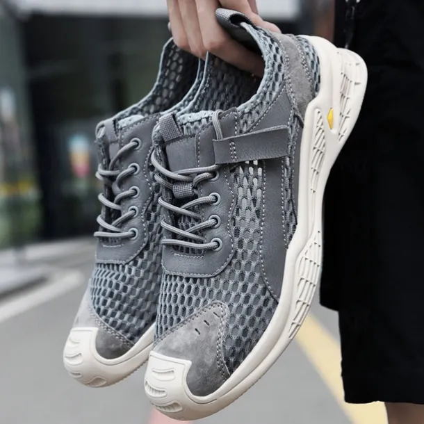 Men's Beige Mesh Sneakers with Lace-up & Velcro Strap, Breathable Casual Sports Shoes for Summer