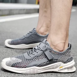 Men's Beige Mesh Sneakers with Lace-up & Velcro Strap, Breathable Casual Sports Shoes for Summer