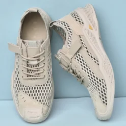 Men's Beige Mesh Sneakers with Lace-up & Velcro Strap, Breathable Casual Sports Shoes for Summer