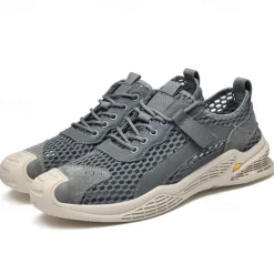 Men's Beige Mesh Sneakers with Lace-up & Velcro Strap, Breathable Casual Sports Shoes for Summer