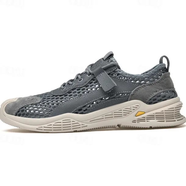 Men's Beige Mesh Sneakers with Lace-up & Velcro Strap, Breathable Casual Sports Shoes for Summer