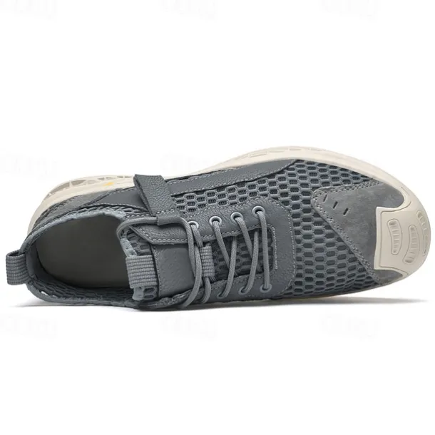 Men's Beige Mesh Sneakers with Lace-up & Velcro Strap, Breathable Casual Sports Shoes for Summer