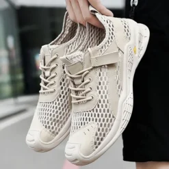Men's Beige Mesh Sneakers with Lace-up & Velcro Strap, Breathable Casual Sports Shoes for Summer