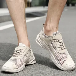 Men's Beige Mesh Sneakers with Lace-up & Velcro Strap, Breathable Casual Sports Shoes for Summer