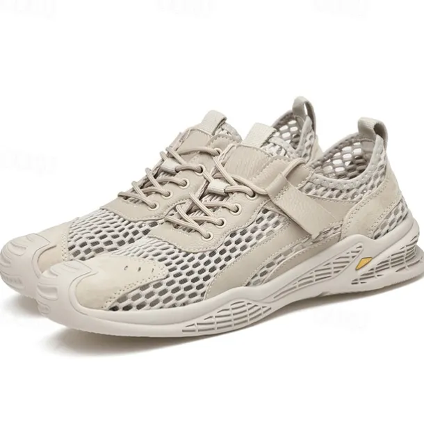Men's Beige Mesh Sneakers with Lace-up & Velcro Strap, Breathable Casual Sports Shoes for Summer