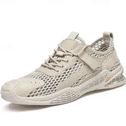 Men's Beige Mesh Sneakers with Lace-up & Velcro Strap, Breathable Casual Sports Shoes for Summer