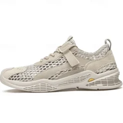 Men's Beige Mesh Sneakers with Lace-up & Velcro Strap, Breathable Casual Sports Shoes for Summer