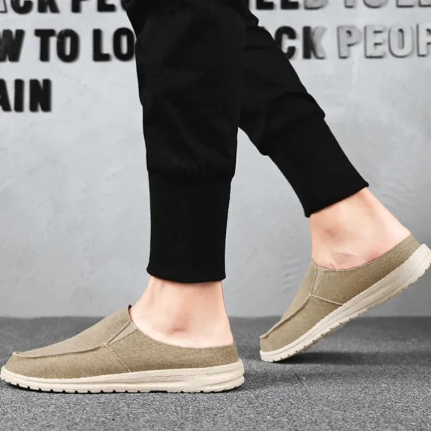 Men's Beige Slip-On Loafers with Comfortable Canvas Upper, Casual Shoes for Everyday Wear