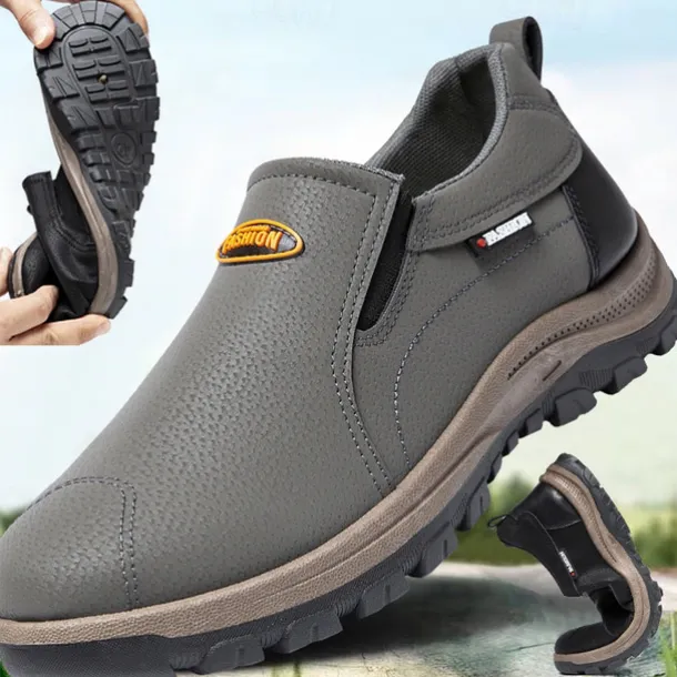 Men's Beige Slip-On Outdoor Shoes with Non-Slip Rugged Sole and Black Accents – Comfortable Casual Footwear for Everyday Use