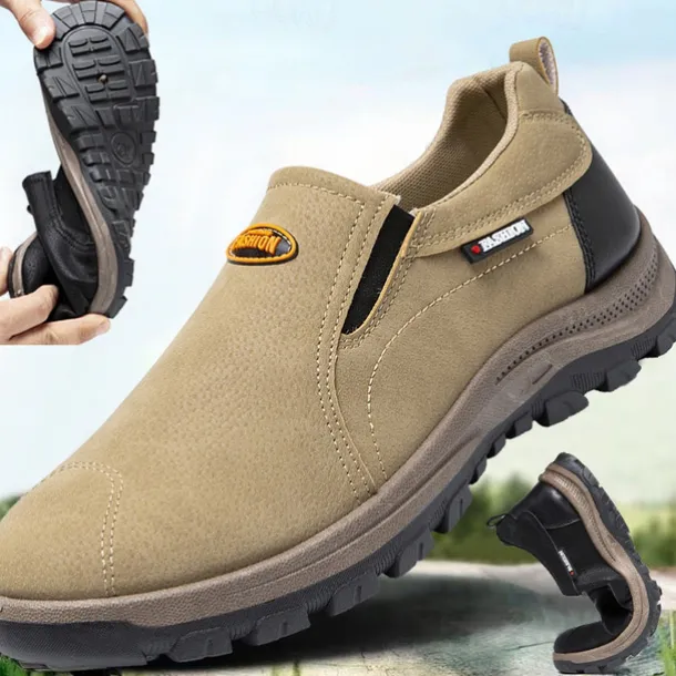 Men's Beige Slip-On Outdoor Shoes with Non-Slip Rugged Sole and Black Accents – Comfortable Casual Footwear for Everyday Use