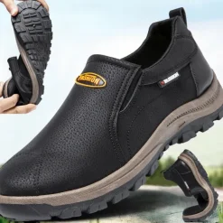 Men's Beige Slip-On Outdoor Shoes with Non-Slip Rugged Sole and Black Accents – Comfortable Casual Footwear for Everyday Use