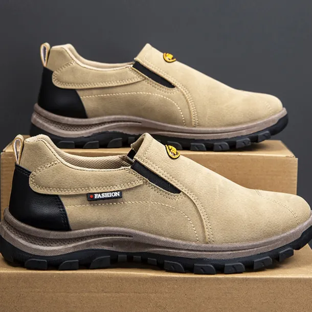 Men's Beige Slip-On Outdoor Shoes with Non-Slip Rugged Sole and Black Accents – Comfortable Casual Footwear for Everyday Use