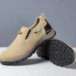 Men's Beige Slip-On Outdoor Shoes with Non-Slip Rugged Sole and Black Accents – Comfortable Casual Footwear for Everyday Use