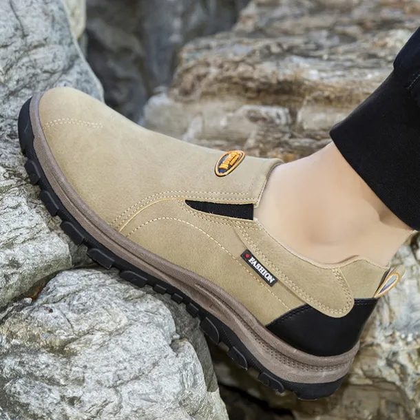 Men's Beige Slip-On Outdoor Shoes with Non-Slip Rugged Sole and Black Accents – Comfortable Casual Footwear for Everyday Use