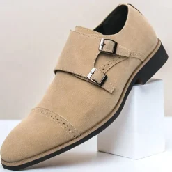 Men's Beige Suede Double Monk Strap Dress Shoes – Elegant Brogue Detailing for Formal and Semi-Formal Occasions