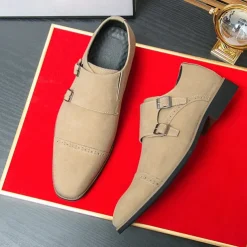 Men's Beige Suede Double Monk Strap Dress Shoes – Elegant Brogue Detailing for Formal and Semi-Formal Occasions