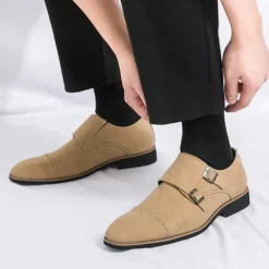 Men's Beige Suede Double Monk Strap Dress Shoes – Elegant Brogue Detailing for Formal and Semi-Formal Occasions
