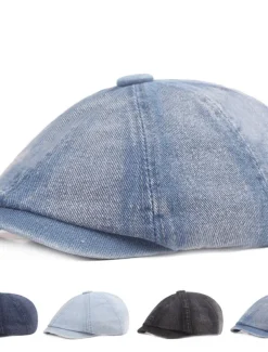 Men's Beret Hat Newsboy Hat Black Blue Denim Streetwear Stylish Casual Outdoor Daily Going out Plain Sunscreen