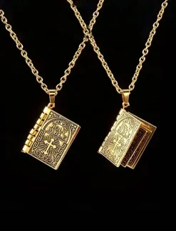 Men's Bible Pendant Necklace - Silver Religious Jewelry with Cross Detail, Christian Faith Accessory for Daily Wear and Special Occasions