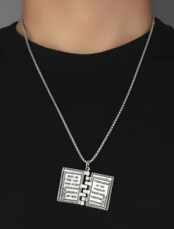 Men's Bible Pendant Necklace - Silver Religious Jewelry with Cross Detail, Christian Faith Accessory for Daily Wear and Special Occasions