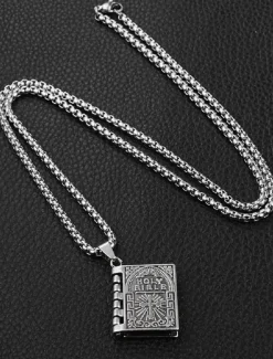 Men's Bible Pendant Necklace - Silver Religious Jewelry with Cross Detail, Christian Faith Accessory for Daily Wear and Special Occasions