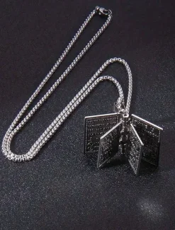 Men's Bible Pendant Necklace - Silver Religious Jewelry with Cross Detail, Christian Faith Accessory for Daily Wear and Special Occasions
