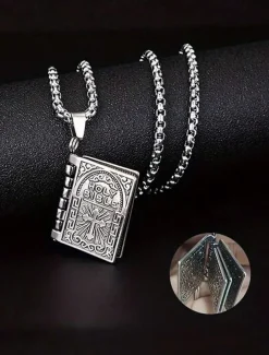 Men's Bible Pendant Necklace - Silver Religious Jewelry with Cross Detail, Christian Faith Accessory for Daily Wear and Special Occasions