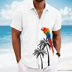 Men's Bird Coconut Tree Parrot Casual Shirt Summer Hawaiian Shirt Button Up Shirt Short Sleeve Hawaiian Resort Vacation Holiday Beach Wear Summer Spring Turndown 3D Print Collared Shirts White Blue