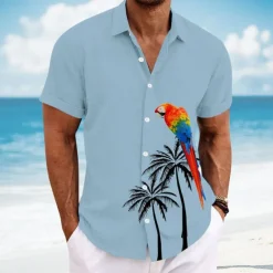 Men's Bird Coconut Tree Parrot Casual Shirt Summer Hawaiian Shirt Button Up Shirt Short Sleeve Hawaiian Resort Vacation Holiday Beach Wear Summer Spring Turndown 3D Print Collared Shirts White Blue