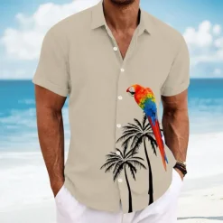 Men's Bird Coconut Tree Parrot Casual Shirt Summer Hawaiian Shirt Button Up Shirt Short Sleeve Hawaiian Resort Vacation Holiday Beach Wear Summer Spring Turndown 3D Print Collared Shirts White Blue