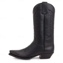 Men's Black and Burgundy Faux Leather Cowboy Boots with Embroidered Design - Classic Western Boots for Rodeo and Outdoor Wear