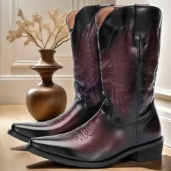 Men's Black and Burgundy Faux Leather Cowboy Boots with Embroidered Design - Classic Western Boots for Rodeo and Outdoor Wear
