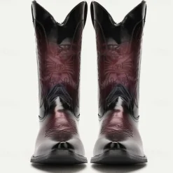 Men's Black and Burgundy Faux Leather Cowboy Boots with Embroidered Design - Classic Western Boots for Rodeo and Outdoor Wear