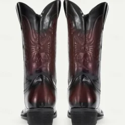 Men's Black and Burgundy Faux Leather Cowboy Boots with Embroidered Design - Classic Western Boots for Rodeo and Outdoor Wear
