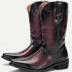 Men's Black and Burgundy Faux Leather Cowboy Boots with Embroidered Design - Classic Western Boots for Rodeo and Outdoor Wear