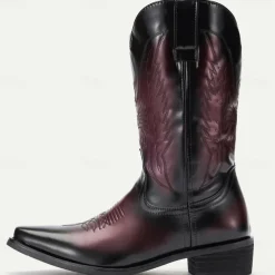 Men's Black and Burgundy Faux Leather Cowboy Boots with Embroidered Design - Classic Western Boots for Rodeo and Outdoor Wear
