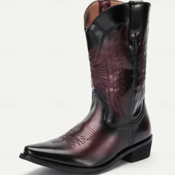 Men's Black and Burgundy Faux Leather Cowboy Boots with Embroidered Design - Classic Western Boots for Rodeo and Outdoor Wear
