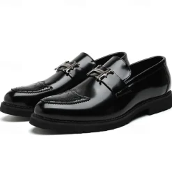 Men's Black and Gold Slip-On Loafers with Decorative Buckle and Brogue Detailing – Stylish Formal Shoes for Office and Special Occasions