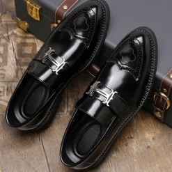 Men's Black and Gold Slip-On Loafers with Decorative Buckle and Brogue Detailing – Stylish Formal Shoes for Office and Special Occasions
