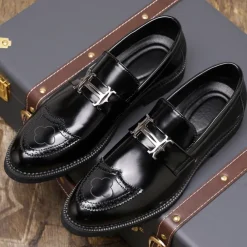 Men's Black and Gold Slip-On Loafers with Decorative Buckle and Brogue Detailing – Stylish Formal Shoes for Office and Special Occasions