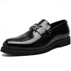 Men's Black and Gold Slip-On Loafers with Decorative Buckle and Brogue Detailing – Stylish Formal Shoes for Office and Special Occasions