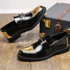 Men's Black and Gold Slip-On Loafers with Decorative Buckle and Brogue Detailing – Stylish Formal Shoes for Office and Special Occasions