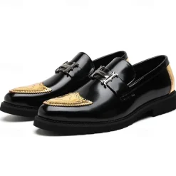 Men's Black and Gold Slip-On Loafers with Decorative Buckle and Brogue Detailing – Stylish Formal Shoes for Office and Special Occasions