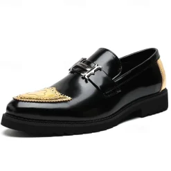 Men's Black and Gold Slip-On Loafers with Decorative Buckle and Brogue Detailing – Stylish Formal Shoes for Office and Special Occasions