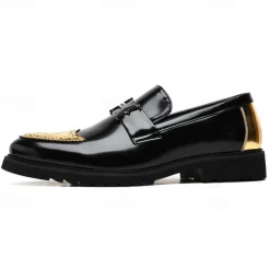 Men's Black and Gold Slip-On Loafers with Decorative Buckle and Brogue Detailing – Stylish Formal Shoes for Office and Special Occasions
