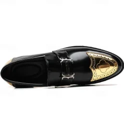 Men's Black and Gold Slip-On Loafers with Decorative Buckle and Brogue Detailing – Stylish Formal Shoes for Office and Special Occasions