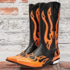 Men's Black and Orange Mid-Calf Western Cowboy Boots - Bold Flame Design with High-Gloss Finish for Rodeo and Fashion Wear