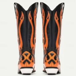 Men's Black and Orange Mid-Calf Western Cowboy Boots - Bold Flame Design with High-Gloss Finish for Rodeo and Fashion Wear